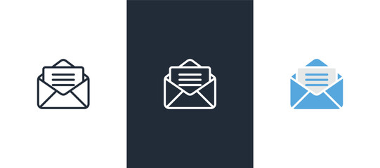 Mail icon, open envelope for mail, messaging concepts and communication designs. Email envelope icons in editable stroke, outline, and solid styles.