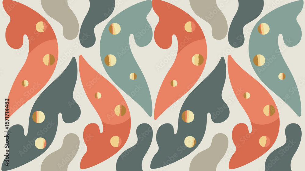 Poster a repeating pattern of abstract shapes in orange, blue and gray with gold dots