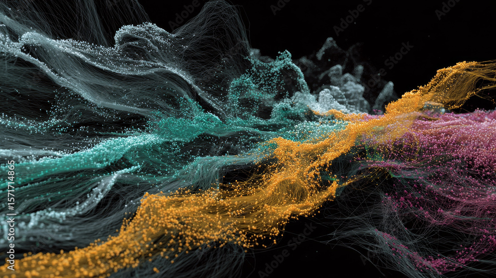 Poster cyber big data flow particles bokeh. digital neural network. concept of ai artificial intelligence t