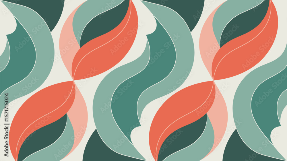Poster abstract pattern with curved shapes in shades of green and coral on light background