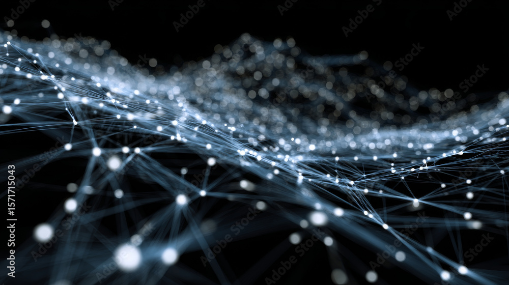Poster cyber big data flow particles bokeh. digital neural network. concept of ai artificial intelligence t