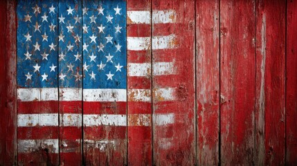 American flag painted on weathered wooden barn siding