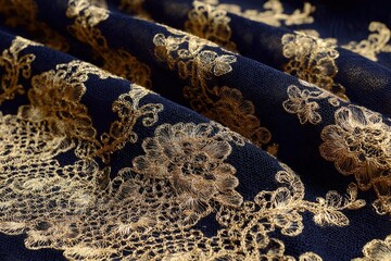 Opulent gold lace on dark navy fabric showcasing intricate floral patterns and luxurious texture