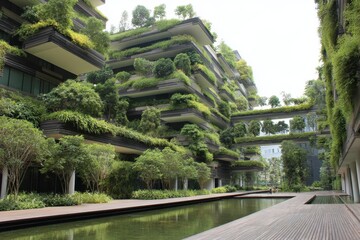 Eco-friendly green building with vertical gardens in an urban setting designed for sustainable living and enhanced biodiversity