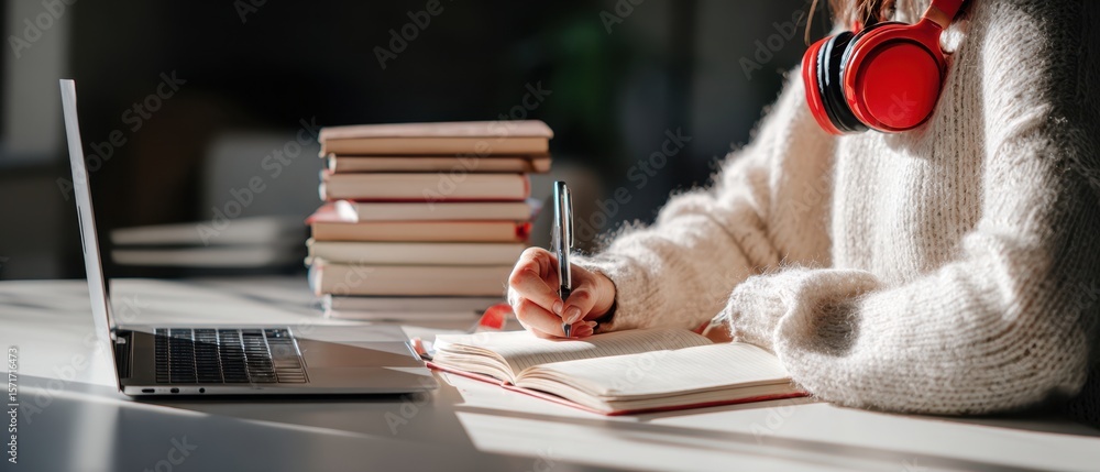 Poster the student writing notes while studying at a modern desk setup.