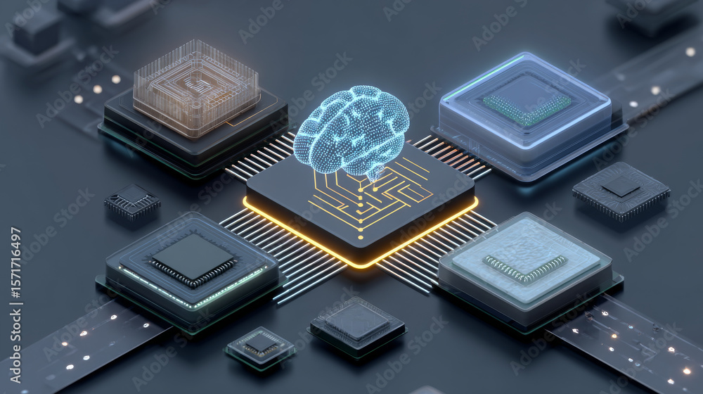 Aufkleber ai chip isometric vector banner for ai, artificial intelligence deep learning, machine learning, and