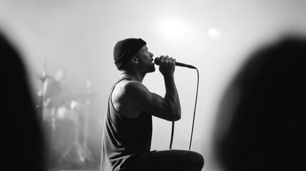 Intense rock performance: lead singer kneeling and singing passionately on stage