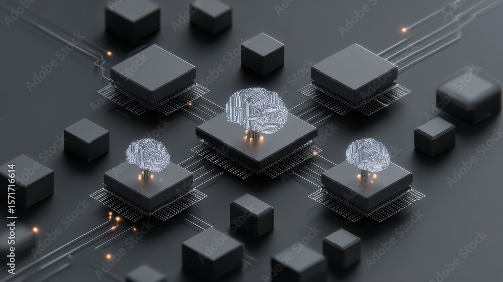 Poster ai chip isometric vector banner for ai, artificial intelligence deep learning, machine learning, and