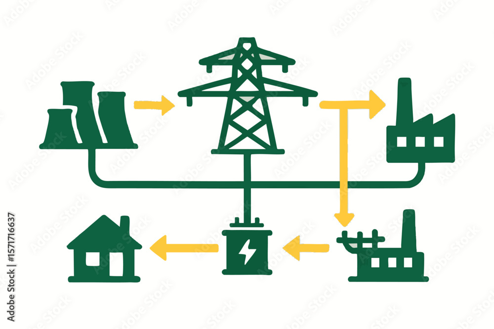Poster flat vector electric grid map with arrows showing energy distribution, isolated on white
