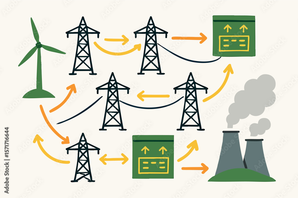 Poster flat vector electric grid map with arrows showing energy distribution, isolated on white