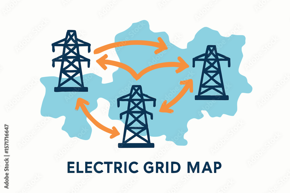 Poster flat vector electric grid map with arrows showing energy distribution, isolated on white