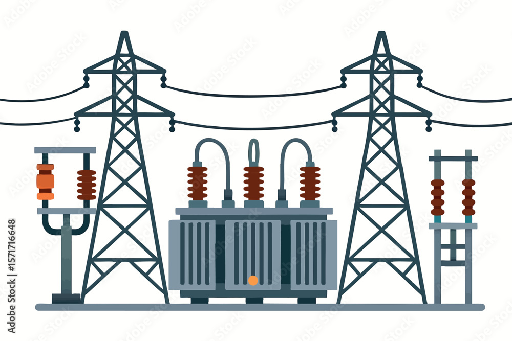 Poster flat vector electric power substation with transformers and grid lines, isolated on white