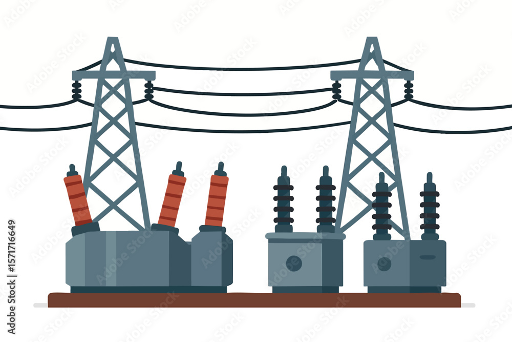 Poster flat vector electric power substation with transformers and grid lines, isolated on white