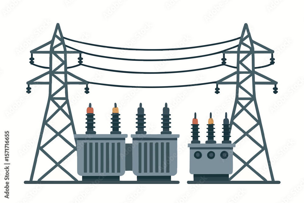 Poster flat vector electric power substation with transformers and grid lines, isolated on white