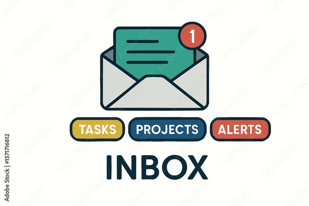 Poster flat vector email inbox with auto-labels for tasks, projects, and alerts, communication management, 