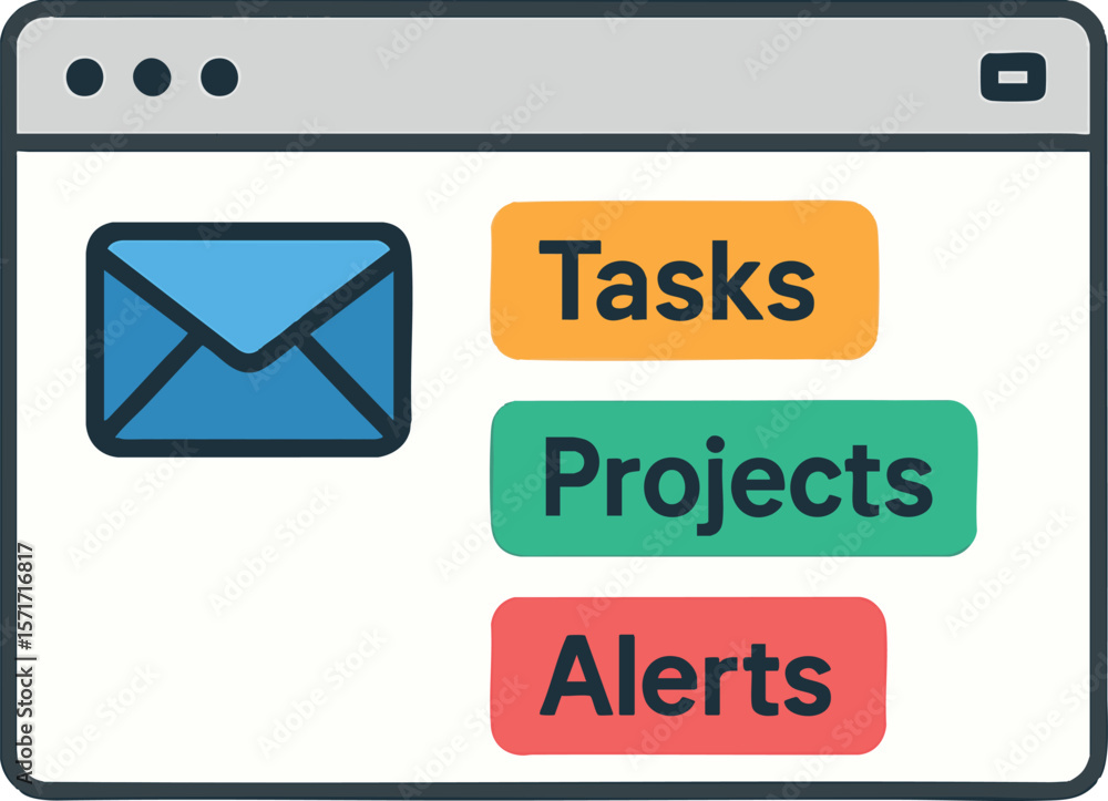Aufkleber flat vector email inbox with auto-labels for tasks, projects, and alerts, communication management, 