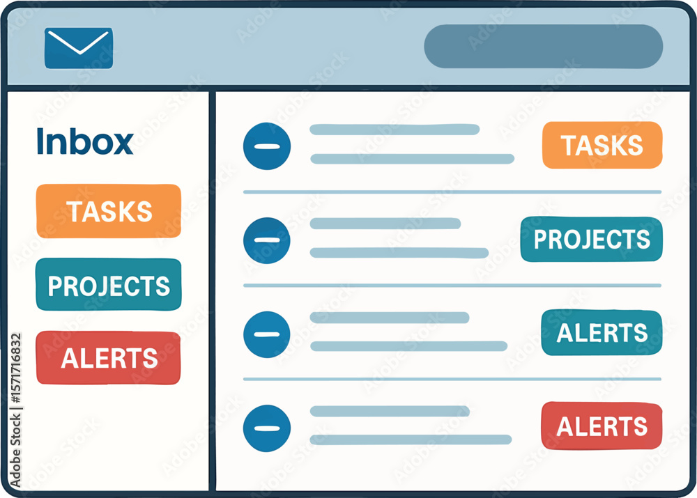 Poster flat vector email inbox with auto-labels for tasks, projects, and alerts, communication management, 