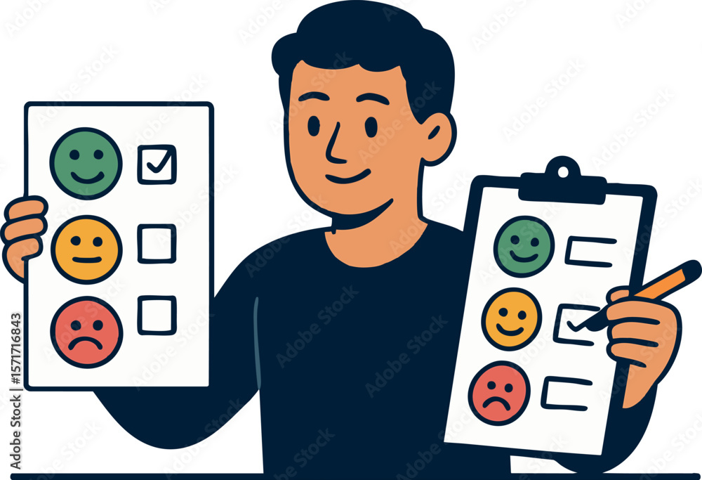 Poster flat vector employee reviewing feedback forms with smiley face rating system, evaluation process, is