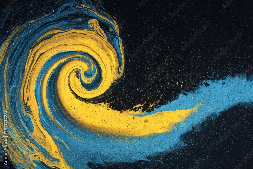 Poster intricate swirl of blue and yellow colors on a dark background creates an artistic representation of