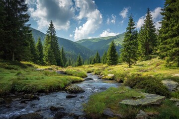 Obraz premium Serenity emerges by the tranquil brook flowing from Latoritas spring amidst lush green hills and vibrant trees on a sunny day