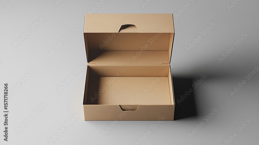 Poster empty tan cardboard box rests open on a flat gray surface, showing simple construction
