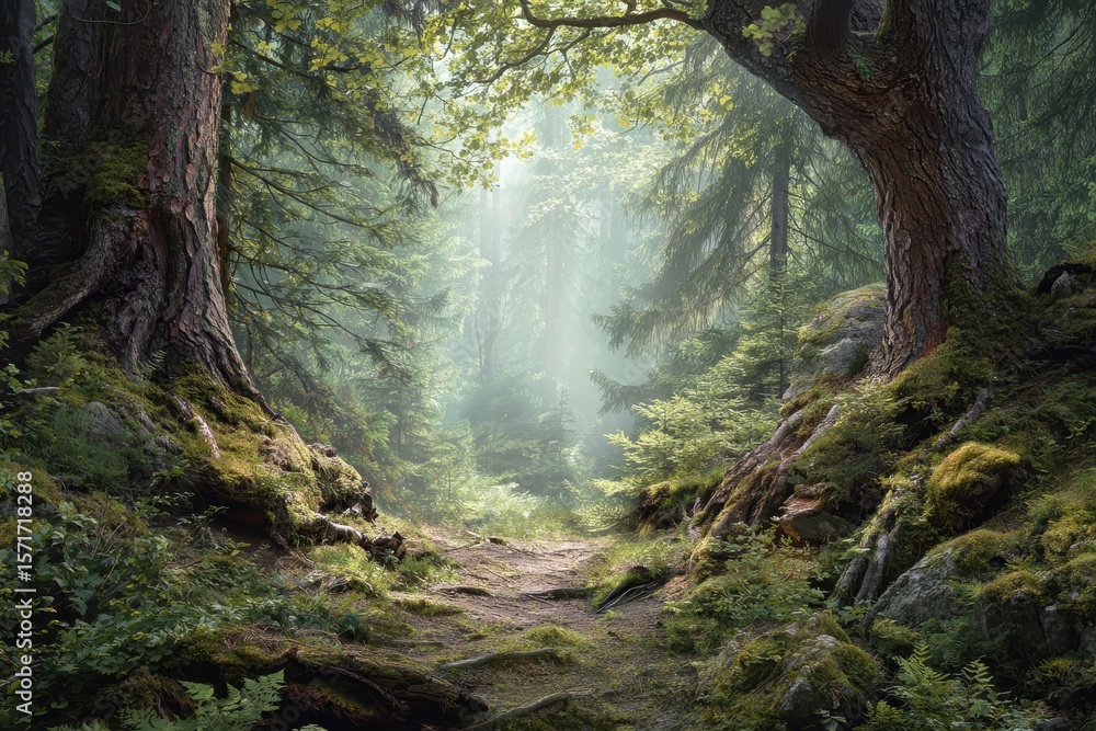 Poster enchanting forest landscape revealing a tranquil path through lush greenery and towering trees illum