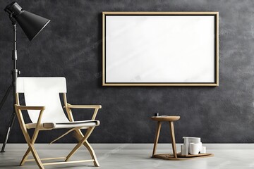 Empty frame adorns a textured wall next to a director's chair and small wooden table