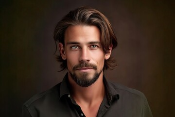 Obraz premium Handsome Bearded Man with Long Hair in Black Shirt on Dark Background