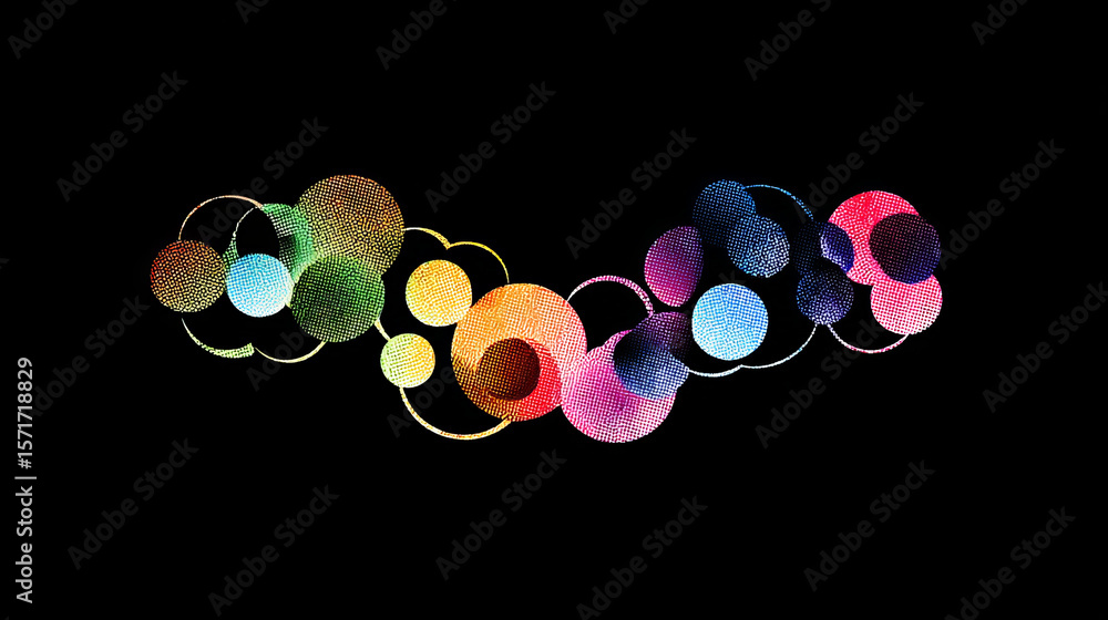 Poster set of glowing neon color circles round curve shape with wavy dynamic lines isolated on black backgr