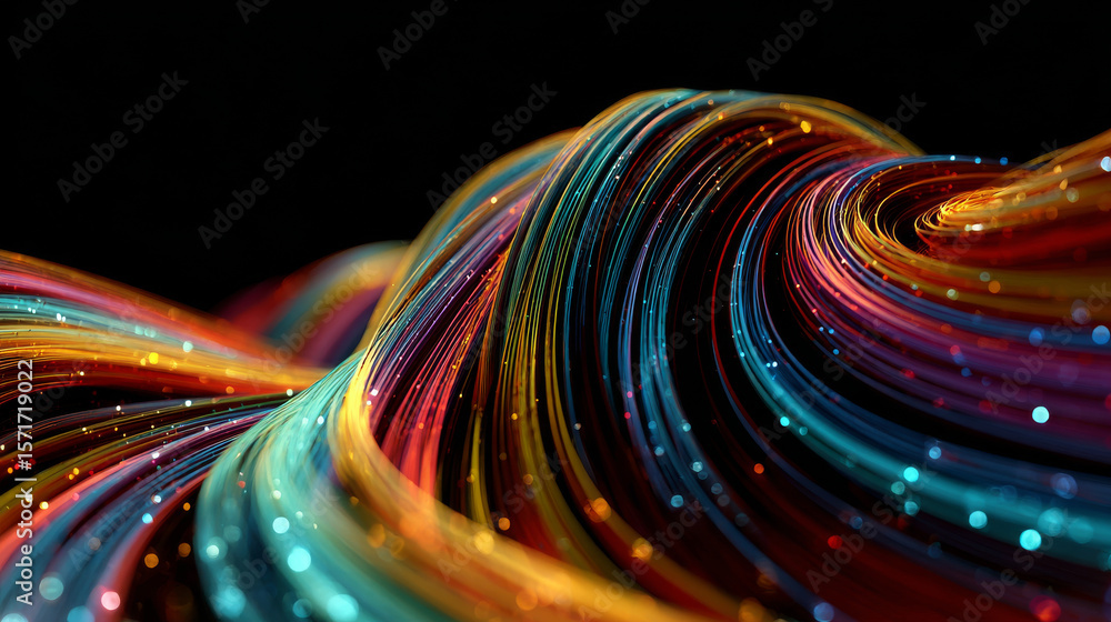 Poster abstract neon lines create a wave-like form against a dark background. this glowing illustration evo