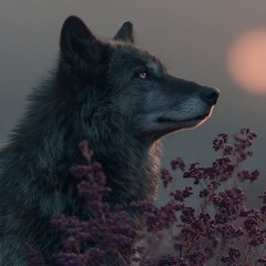 Majestic wolf in lavender field at sunset
