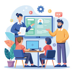 Team of professionals analyzing data on screen during a collaborative office business meeting setting
