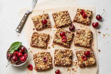 Cherry oatmeal crumble bars. Backed cherry crisp. Quick and easy homemade sweet red berry squares...