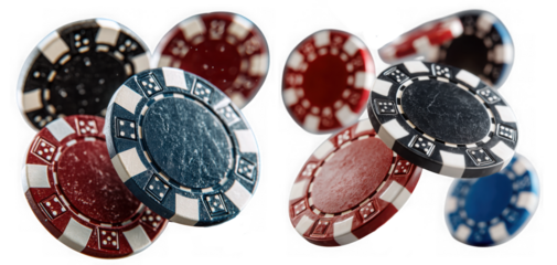 A collection of red, blue, and black poker chips, perfect for adding a touch of casino excitement to your designs isolated on transparent background