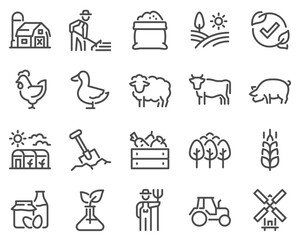 Simple set of vector line icons related to agriculture. Contains barn, livestock, tree garden and more.