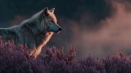Majestic wolf in lavender field at sunset