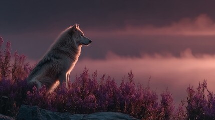 Majestic wolf in lavender field at sunset