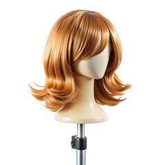 A mediumlength auburn wig is shown on a mannequin head against a transparent background