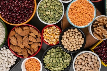 several pots with raw grains for preparing healthy food