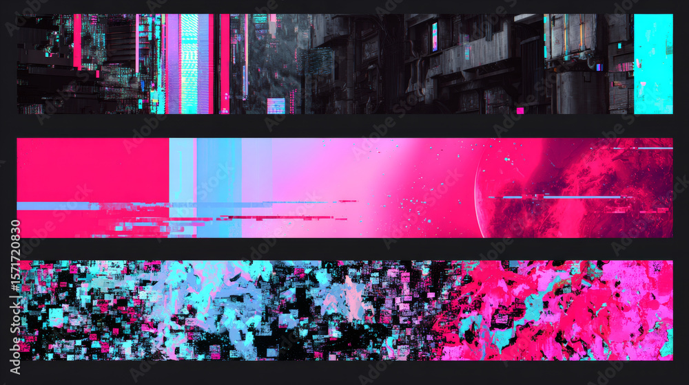 Poster modern technology banners collection in cyberpunk style. abstract sci-fi text boxes with glitch effe