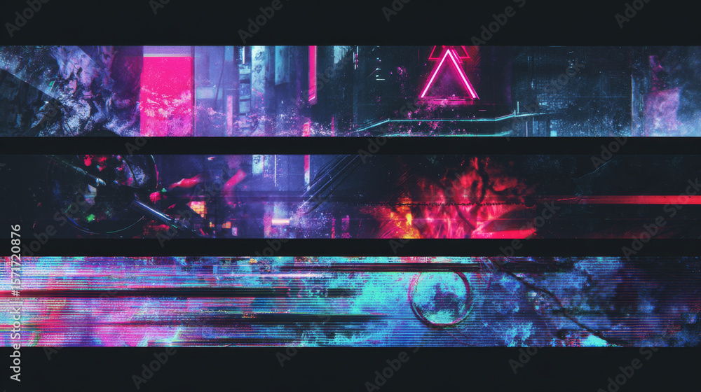 Poster modern technology banners collection in cyberpunk style. abstract sci-fi text boxes with glitch effe