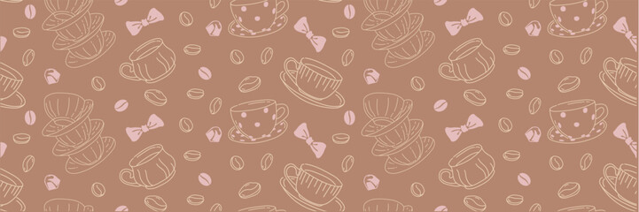 Seamless vector pattern with cute ceramic cup for coffee and tea. Coffee beans, flirty bows and candies. Linear pattern for wedding invitation, Valentine's Day design. Romantic hand drawn background.