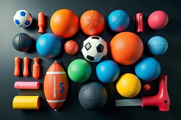 Vibrant sports equipment displayed in geometric pattern on black surface from aerial view