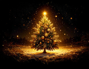 Golden Christmas tree illustration on dark background with many decorative branches, decorations, stars..