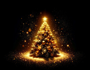 Golden Christmas tree illustration on dark background with many decorative branches, decorations, stars..