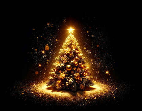 Golden Christmas tree illustration on dark background with many decorative branches, decorations, stars..