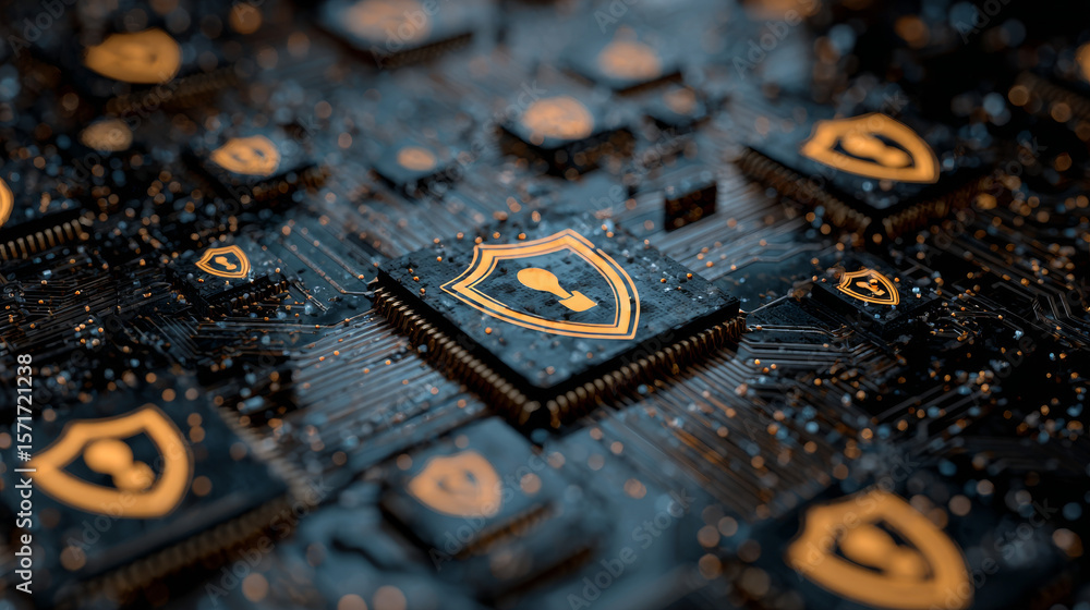 Poster abstract technology circuit board background with shield symbols concept of data protection and cybe