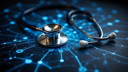 Stethoscope on a blue data network background representing healthcare technology, High-tech medical diagnosis using artificial intelligence concept with stethoscope
