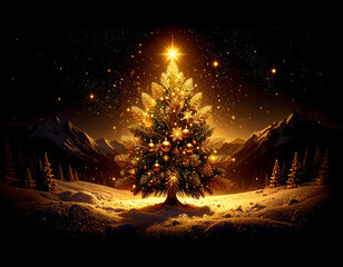 Golden Christmas tree illustration on dark background with many decorative branches, decorations, stars..