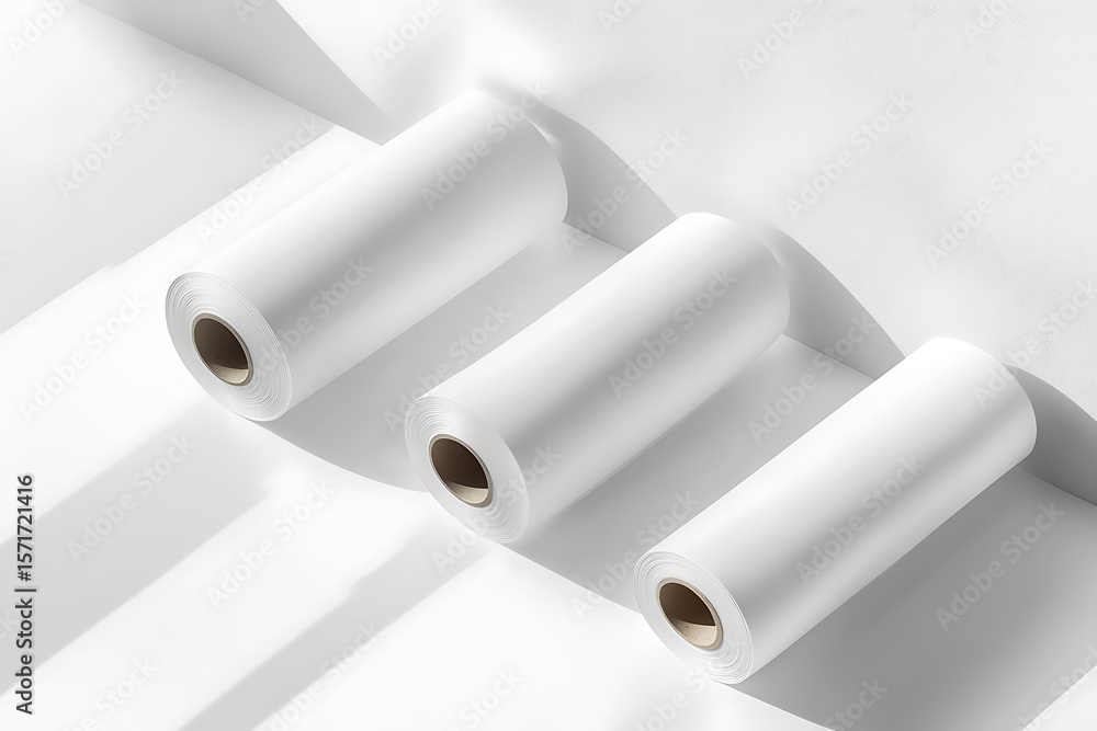 Poster three white paper rolls are neatly arranged under studio lighting creating a minimalist scene
